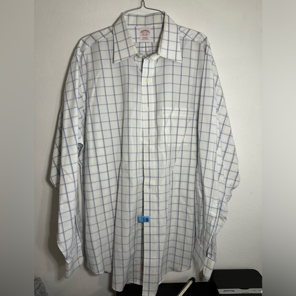 Brooks brothers 16.5  35  traditional fit‎ non-iron plaid dress shirt white -